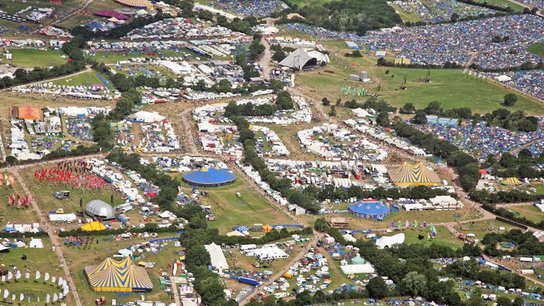 Aerial view as people move around the site at the Glastonbury Festival at Worthy Farm, Pilton on June 26 2008 in Glastonbury, Somerset, England.