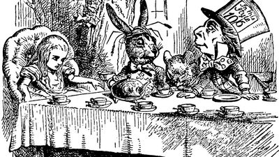 A Mad Tea Party. Alice meets the March Hare and Mad Hatter in Lewis Carroll's "Adventures of Alice in Wonderland" (1865) by English illustrator and satirical artist Sir John Tenniel.