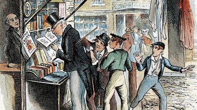 Scene from "Oliver Twist" by Charles Dickens, 1837-1839. The Artful Dodger picking a pocket to the amazement of Oliver Twist. Illustration from "Oliver Twist" by Charles Dickens. (London 1837-1839). Artist: George Cruikshank