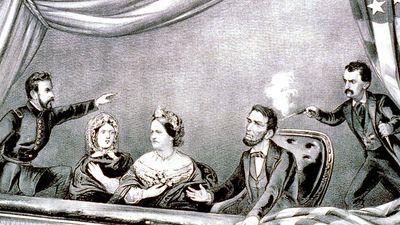 The assassination of President Abraham Lincoln at Ford's Theatre, Washington, D.C., April 14th, 1865; from a lithograph by Currier and Ives.