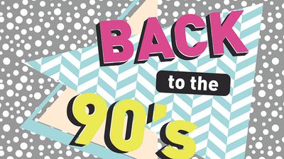 "Back to the 90's" with a dotted and herringbone background pattern. (1990s, retro style, decades, nostalgia) SEE CONTENT NOTES.