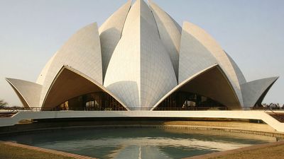 The Baha'i House of Worship, (Lotus Temple), designed by architect Fariborz Sahba in Delhi, India. (modern architecture; religious temple; religion; Bahapur; white marble)