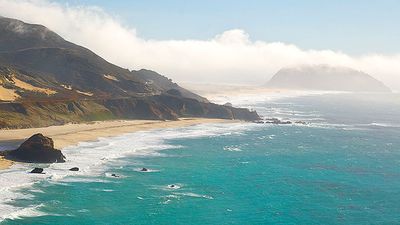 Big Sur. Pacific Ocean. Waves. Beach. Point Sur on the Pacific coastline near Big Sur, California.