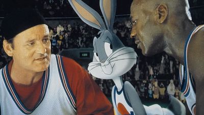 Bill Murray, Buggs Bunny, Michael Jordan in a Lobby Card for Space Jam, 1996, directed by Joe Pytka