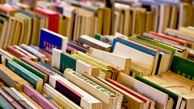 Books. Reading. Publishing. Print. Literature. Literacy. Rows of used books for sale on a table.