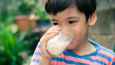 Little boy drinking a glass of milk outdoors.  child food