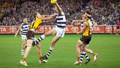 Brad Ottens wins a ruck contest during Geelong's win over Hawthorn. September 9, 2011 in Melbourne, Australia. Australian rules football