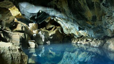 Cave pool thermal spring in Grjotagja Cave, near Myvatn lake in Iceland. Groundwater. Lava cave