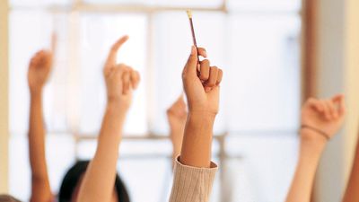 Students raising their hands in a classroom