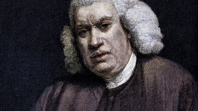 Colorized engraving of English author Samuel Johnson; undated portrait.