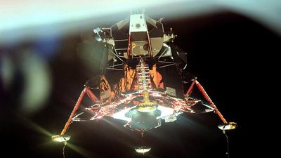 Apollo 11 Lunar Module with its four landing-gear footpads deployed. This photograph was taken from the Command Module as the two spacecraft moved apart above the Moon.