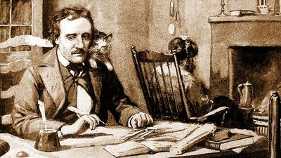 American writer Edgar Allan Poe working at his desk with his pet cat Catalina on his shoulder with his wife, Virginia Clemm, in the chair in the background.