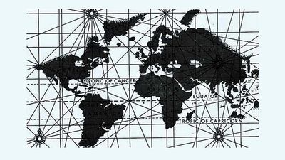 This Mercator map of the world is attributed to Edward Wright, an English mathematician who first computed navigation tables to be used with the Mercator projection. It was published in 1599. The compass roses and crisscrossing lines are in the style oft