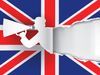 English language school promotion illustration. Silhouette of a man advertises or sells shouts in a megaphone and emerging from the flag of the United Kingdom (Union Jack).