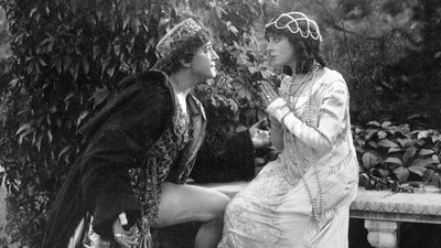 Scene from the silent motion picture "Romeo and Juliet" with Francis X. Bushman (Romeo) and Beverly Bayne (Juliet), 1916. Directed by Francis X. Bushman and John W. Noble.