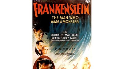 Poster one-sheet from "Frankenstein" (1931) with Colin Clive, Mae Clarke, John Boles, and Boris Karloff, directed by James Whale.