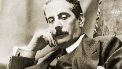 Italian composer Giacomo Puccini, circa 1900. Giacomo Puccini, opera Madama Butterfly (Madame Butterfly).