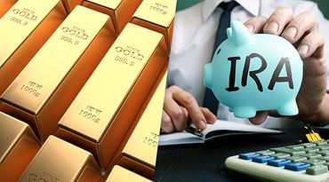 Composite image: several bars of gold and a small blue piggy bank.