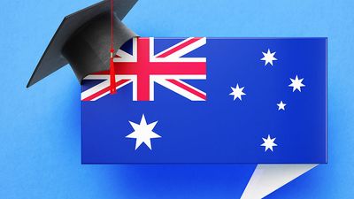 Graduation cap sitting over a speech bubble with an Australian flag on a blue background. (education)