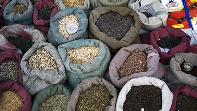 Grains and  spices in bags, India. (Indian, vendor, market,  food)