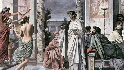 Agathon (centre) greeting guests in Plato's Symposium, oil on canvas by Anselm Feuerbach, 1869; in the Staatliche Kunsthalle, Karlsruhe, Germany.