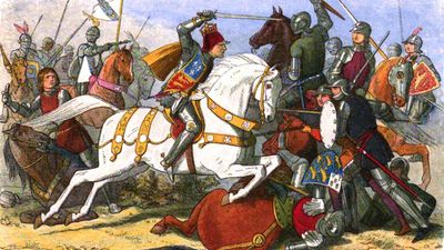 Battle of Bosworth Field, August, 22 1485, part of War of the Roses. Richard III, last Yorkist king of England from 1483 on white horse.