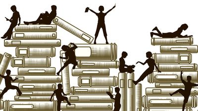 Illustration of silhouettes climbing and sitting on stacks of books. Reading. Education.