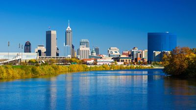 Indianapolis skyline and White River during Autumn