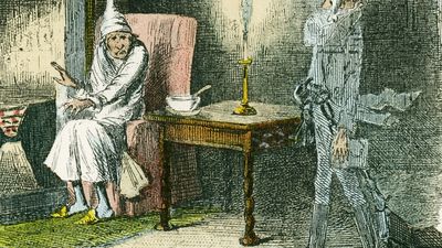 Scene from "A Christmas Carol" by Charles Dickens, 1843. The irascible, curmudgeonly Ebenezer Scrooge, sitting alone on Christmas Eve, is visited by the ghost of Marley, his late business partner. The same night he is visited by three...(see notes)