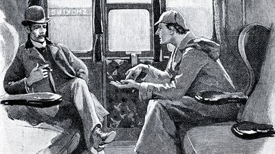 The Adventure of Silver Blaze. 'Holmes gave me a sketch of the events'. Sherlock Holmes and Dr. Watson on train to Devon to investigate murder and disappearance of a famous racehorse. Arthur Conan Doyle story published in The Strand Magazine, London, 1892