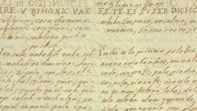 Page from the Mayan document Popol Vuh. The Newberry's manuscript of the Popol Vuh is one of the most widely known and possibly the earliest surviving copy. It was transcribed between 1700 and 1715 in Chichicastenango, Guatemala, by the Dominican...