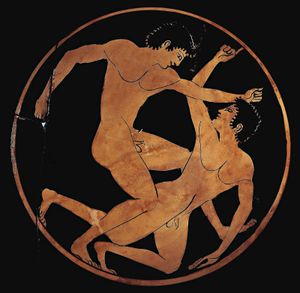 wrestlers on an ancient Greek cup