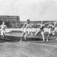 Olympic games in 1928 at Amsterdam, Holland. The finish of the 100 meter dash finals, won by Percy Williams.