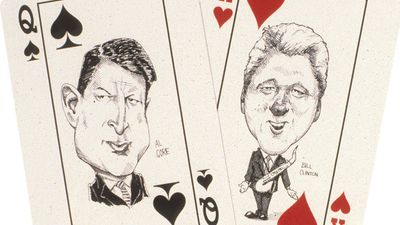 Playing cards featuring Gore and Clinton