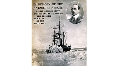 Robert Falcon Scott. Postcard commemorating explorer Robert Scott. In memory of the Antarctic heroes the late Captain Scott... Terra Nova Expedition ill-fated second expedition to reach South Pole (1910-12). Shackleton, nautical explore, ship, iceberg