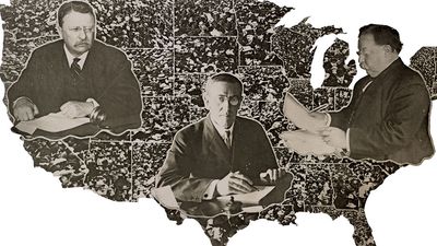 A 1912 poster shows Theodore Roosevelt, Woodrow Wilson, and William Howard Taft, all working at desks, superimposed on a map of the United States. The three were candidates in the 1912 election.