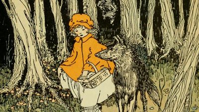 Red Riding Hood and the Wolf from "Journeys through Bookland" by Charles Herbert Sylvester, 1922. (Brothers Grimm, Little Red Riding Hood, fairy tales)