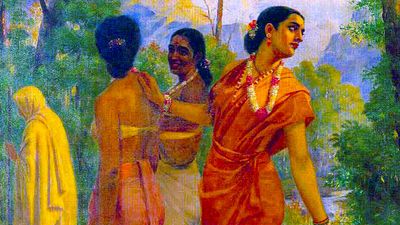 "Shakuntala looking back to glimpse Dushyanta" Painting by Raja Ravi Varma (1848-1906).  (Indian painter, India, art, oil painting, Mahabharata character, Indian folklore)