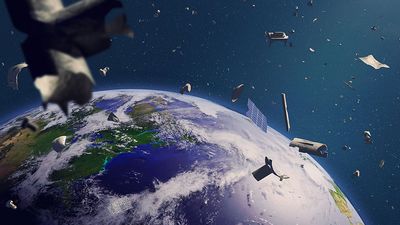 space debris in Earth orbit, dangerous junk orbiting around the blue planet