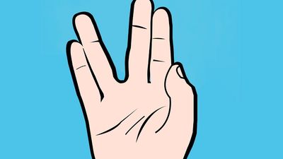 Illustration of Vulcan salute hand gesture popularized by the character Mr. Spock on the original Star Trek television series often accompanied by the words live long and prosper.