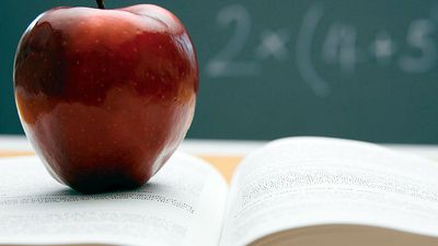 Textbook chalkboard and apple. Fruit of knowledge. Hompepage blog 2009, History and Society, school education students