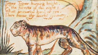 "The Tyger" from the combined volume of the Songs of Innocence and of Experience by William Blake, ca. 1825; relief etching printed in orange-brown ink and hand-colored with watercolor and gold.(poems, poetry)