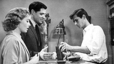 American actors (from left) Vera Miles, John Gavin, and Anthony Perkins in "Psycho" (1960); directed by Alfred Hitchcock.