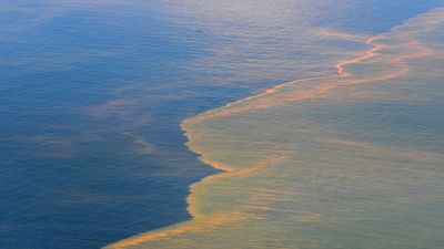 Aerial view of the BP Deepwater Horizon oil spill, in the Gulf of Mexico, off the coast of Mobile, Ala., May 6, 2010. Photo by U.S. Coast Guard HC-144 Ocean Sentry aircraft. BP spill