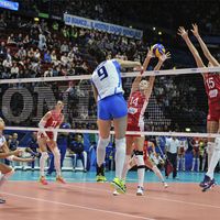 indoor female volleyball match Italy vs Russia during the Volleyball World Cup, in Milan.