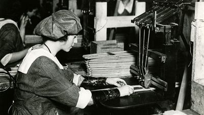 Woman worker at an airplane factory in America. (World War I, aeroplanes, women)